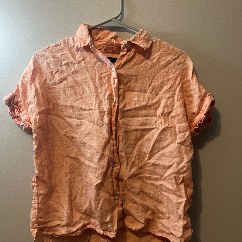 Tahari Top Womens XS 100% Linen Short Sleeve Coral Peach Button Up